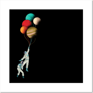 Planet Balloons Funny Astronauts Flying Away Posters and Art